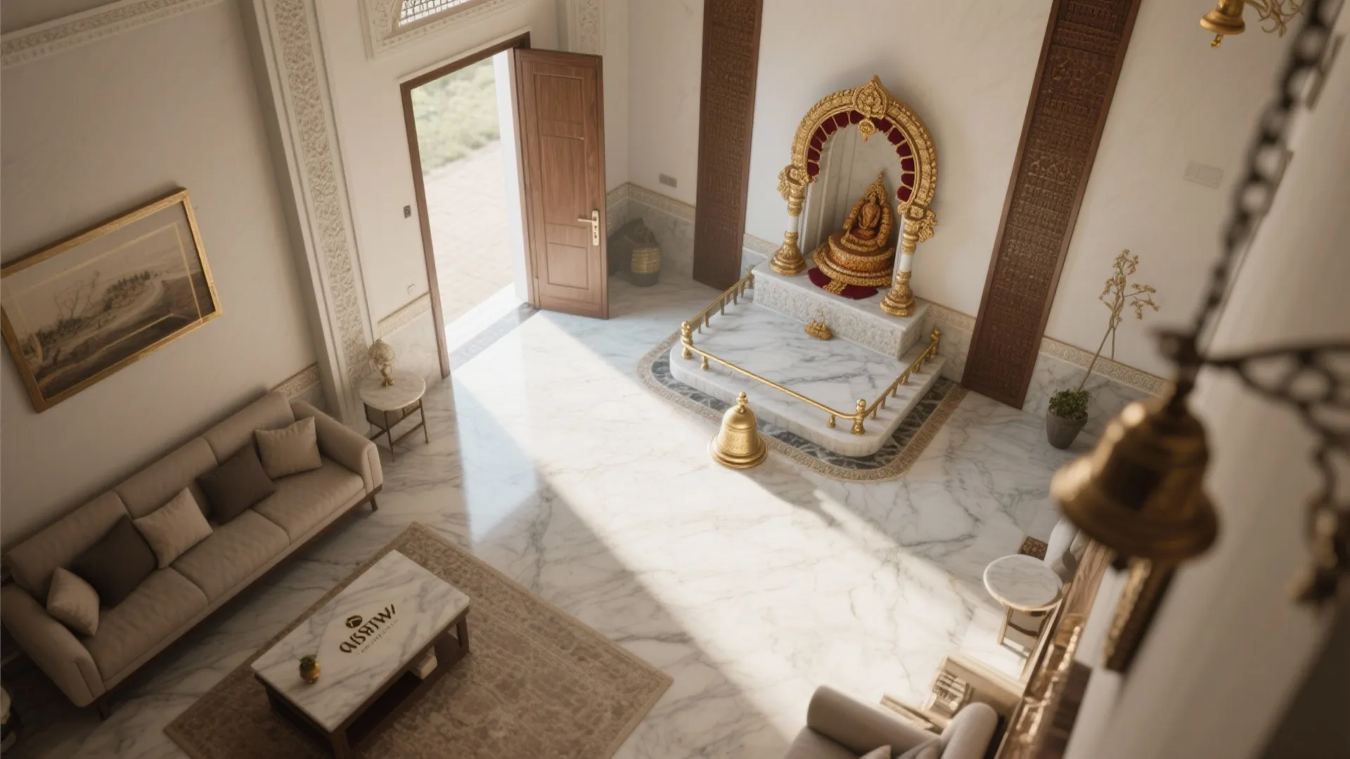 3) Corner Temple on a Marble Plinth with Brass Accents