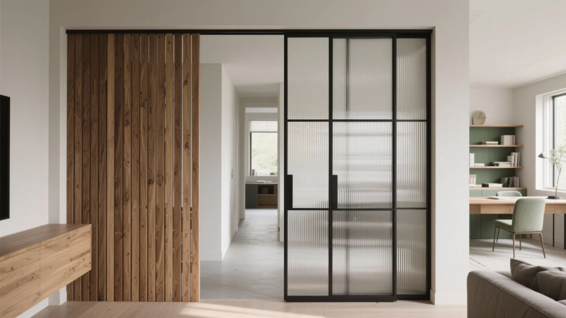 Modern interior design showing glass sliding doors wooden wall panel and a minimalist home office