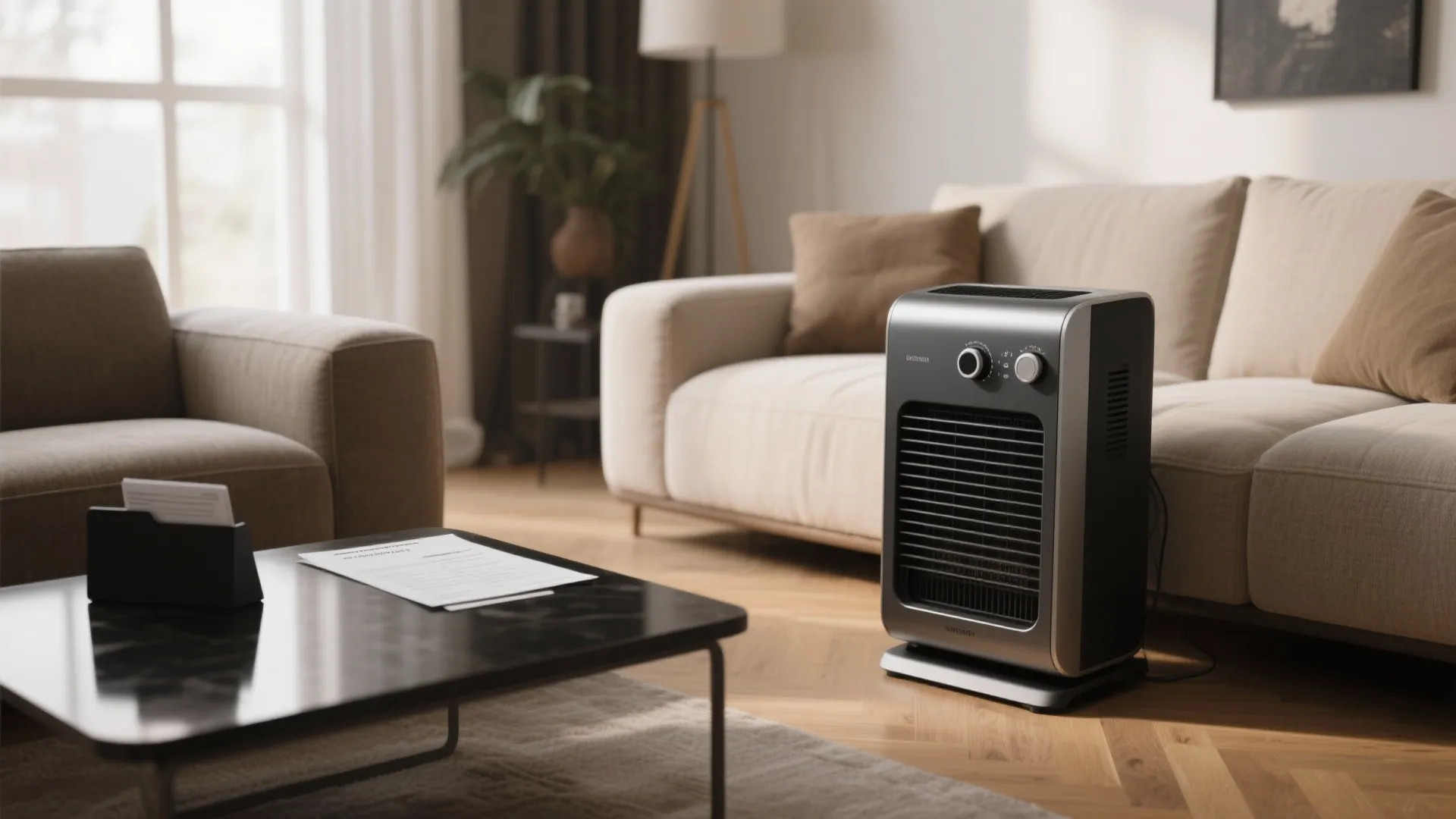 Modern grey electric heater on wooden floor in living room with beige sofa and windows