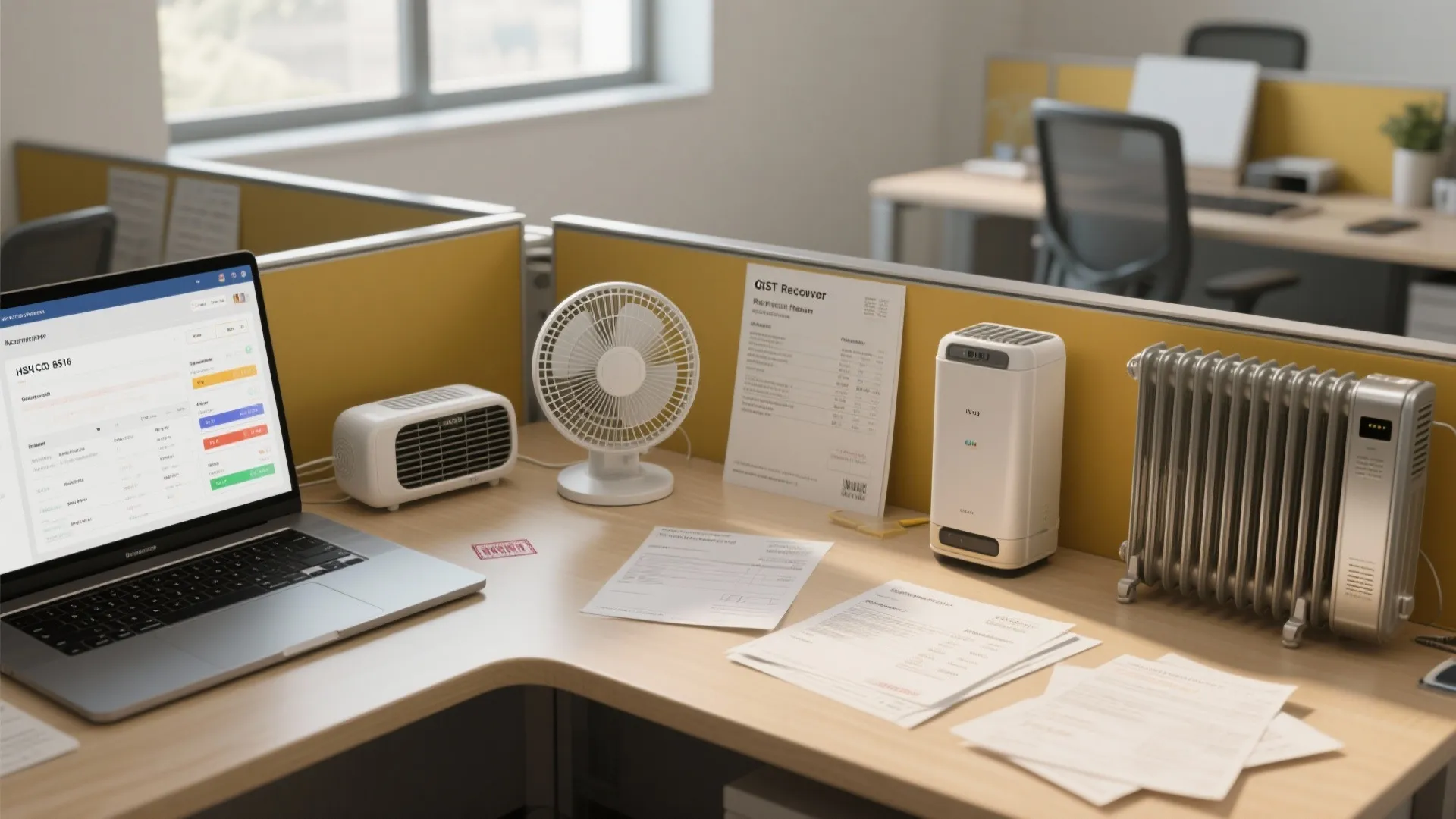 Office desk showing a laptop white portable heater small fan and documents in a cubicle