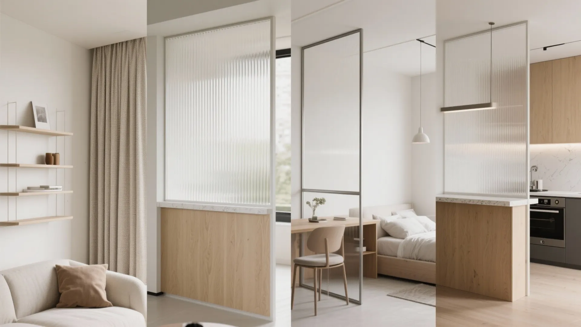 Interior design drawing showing glass room dividers for a small bedroom and a kitchen area