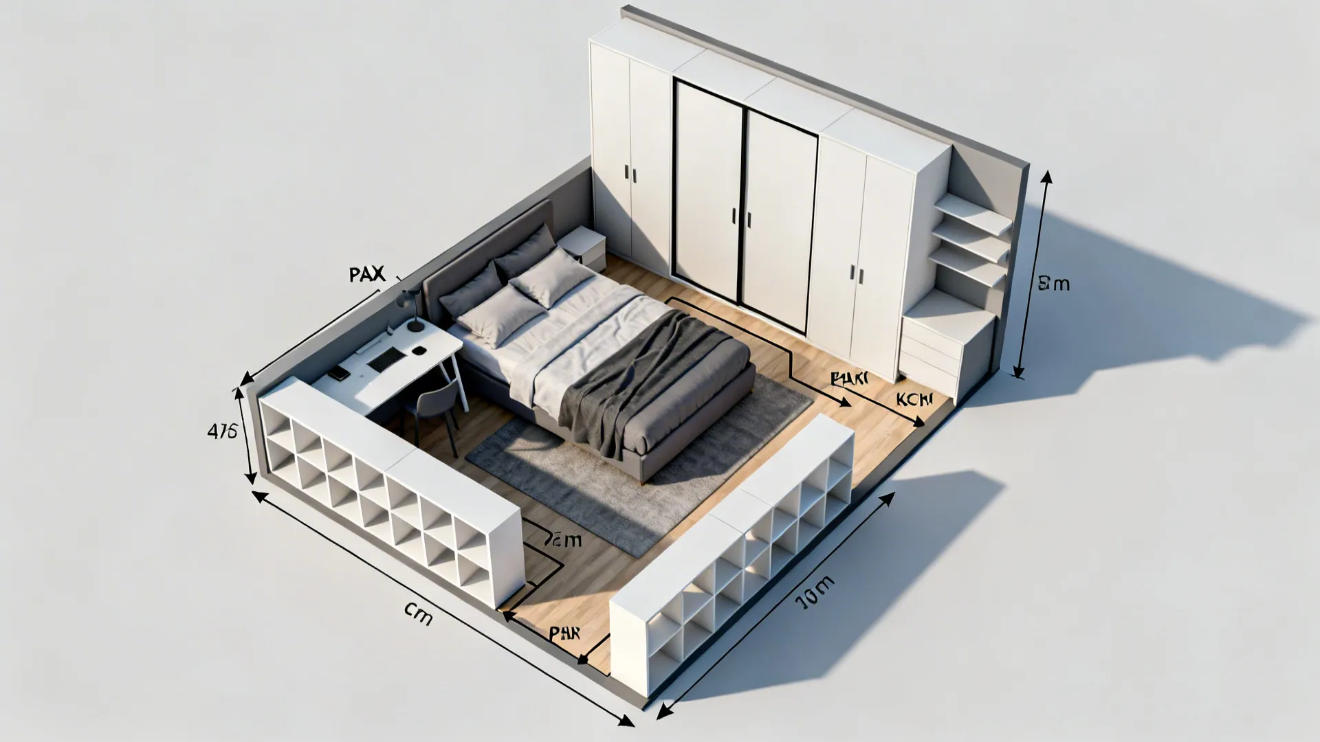Top-down layout of a 3x3m bedroom showing optimized placement of bed, wardrobe and desk.