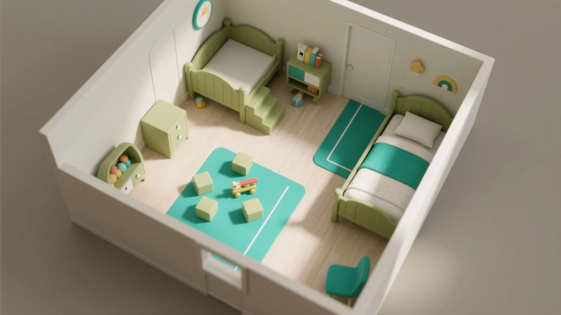 Top-down 3D floor layout of a child's bedroom showing play, sleep, and circulation zones with color-coded accents.