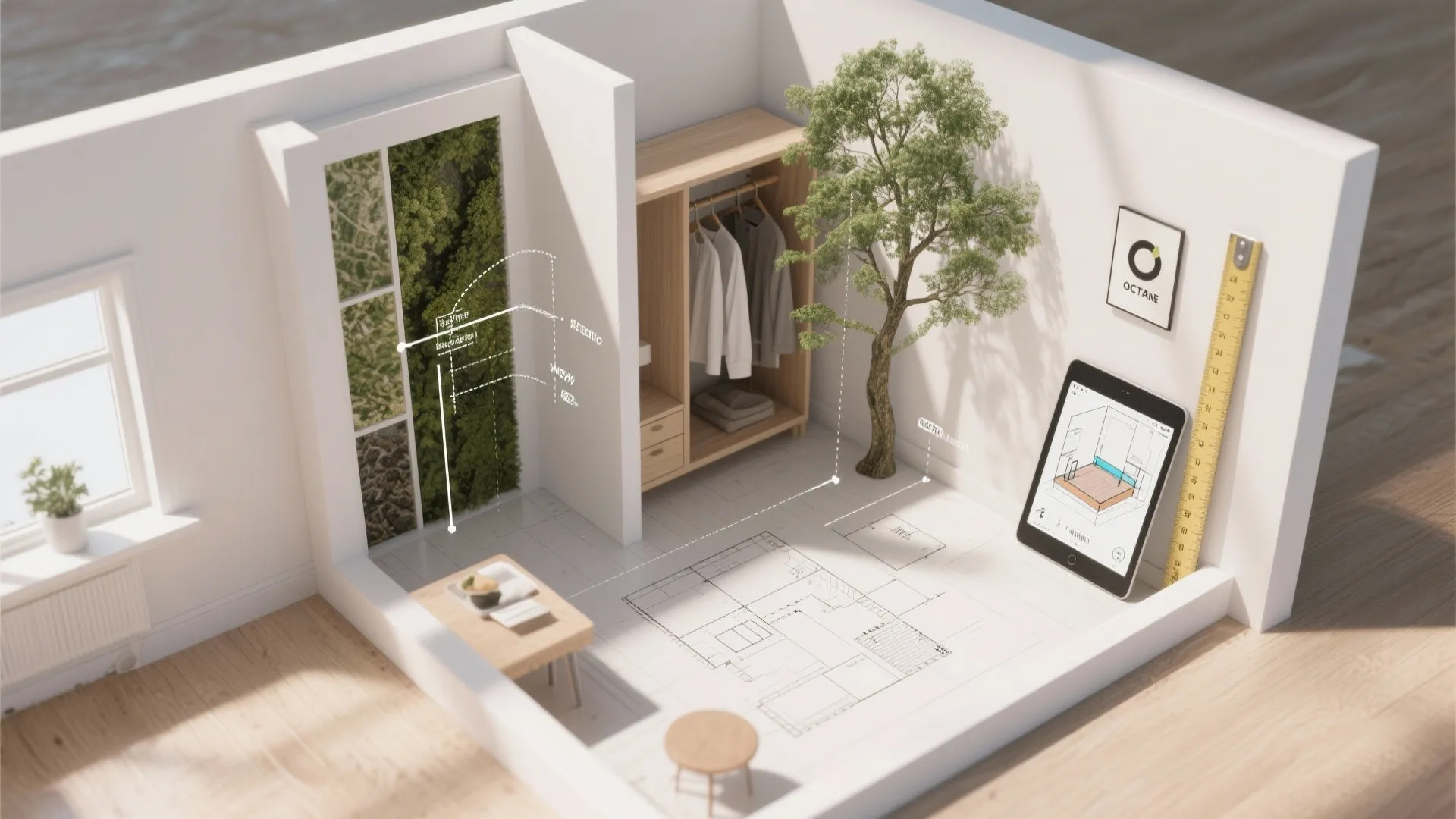 Modern interior design drawing showing room layout with wooden cabinet tree and floor plan floor