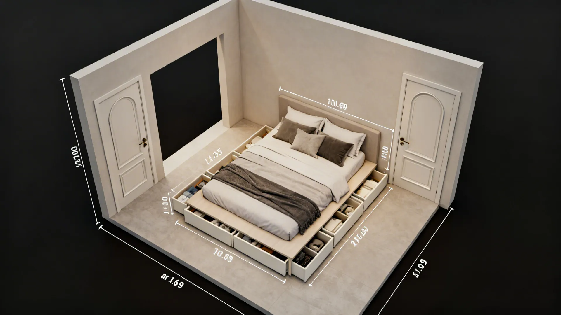 Interior design drawing showing a bedroom layout with bed measurement details and multiple storage drawers