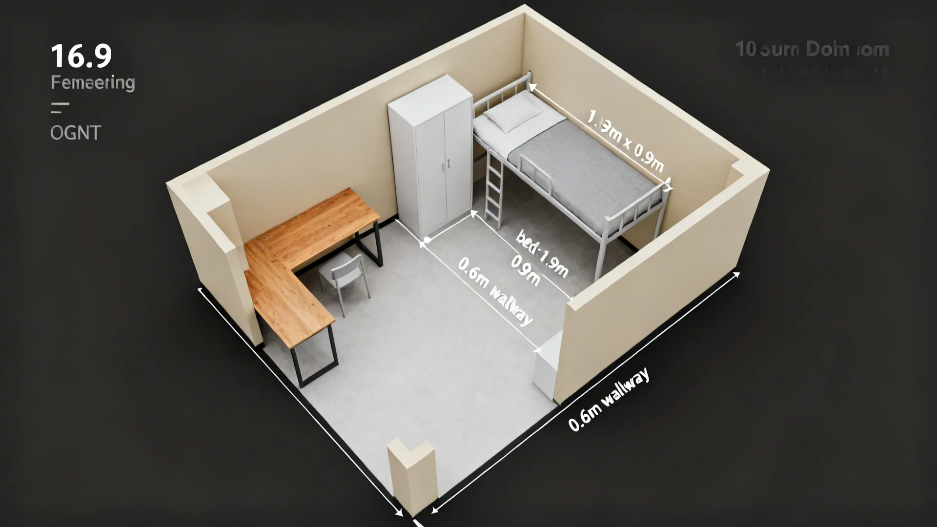 Top-down scaled layout of a 10㎡ dorm room showing furniture placement and clearances.