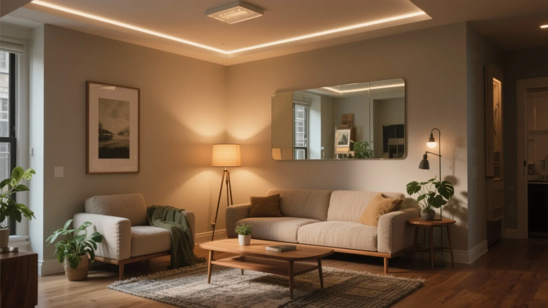Modern living room with beige sofa and armchair under warm light from floor lamp and mirror