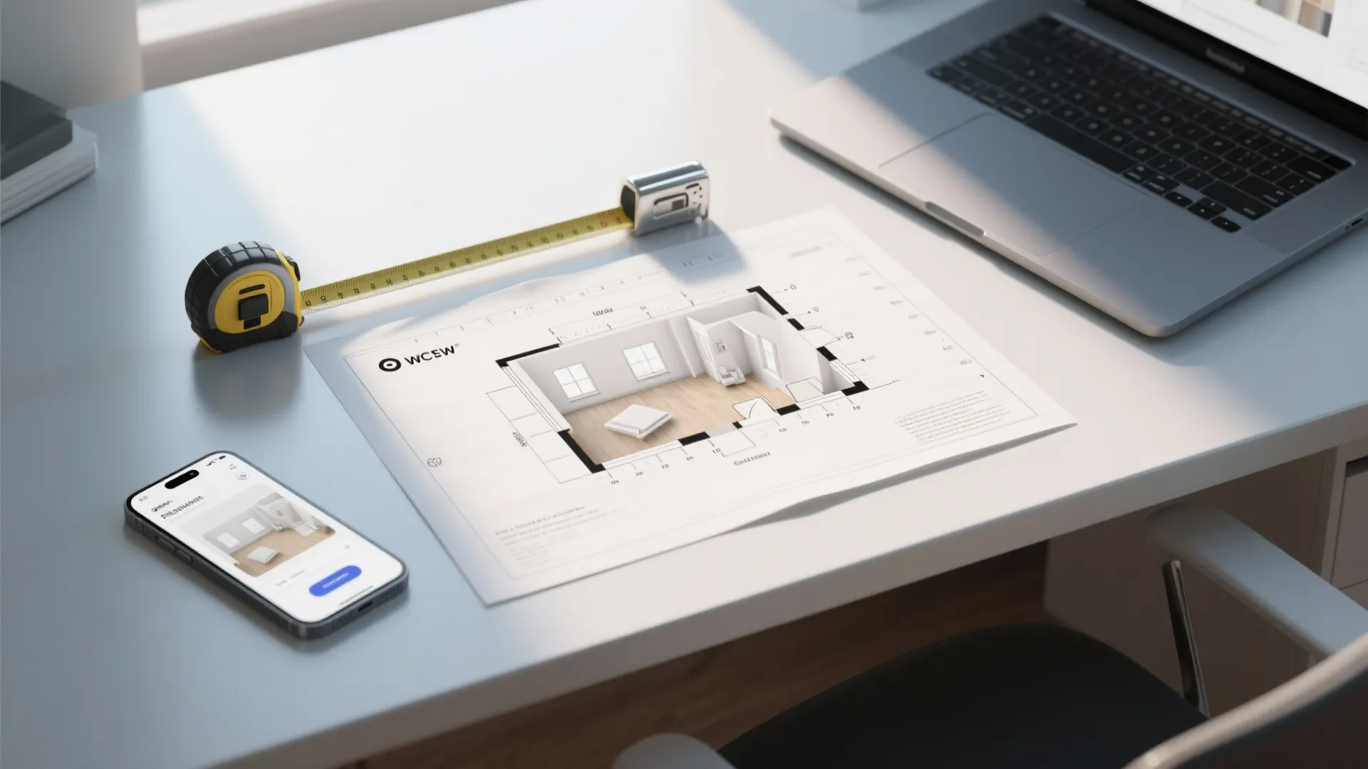 Top-down layout with a scale plan, tape measure, ruler and a laptop showing a room planner app for measuring before buying.