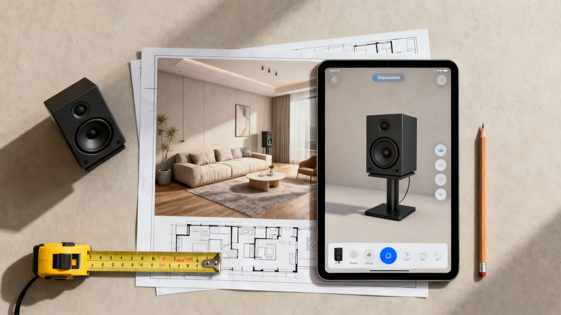 Flatlay of tools for testing speaker placement: 3D mockup on tablet, measuring tape, and layout printout.