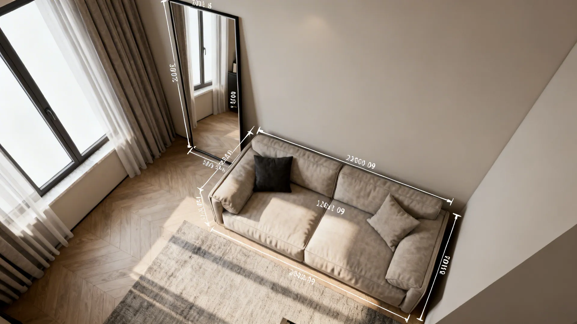 Top-down digital room mockup showing mirror placement options and furniture layout