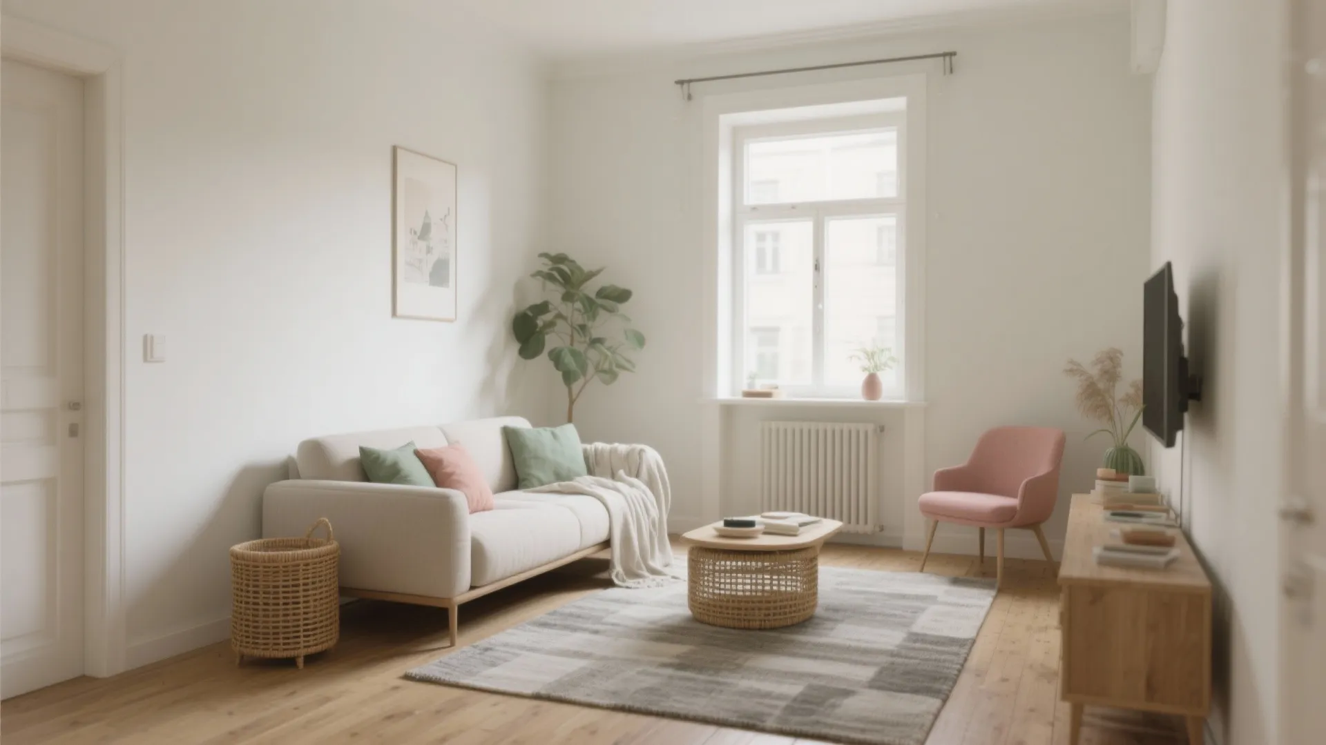 Modern living room with white sofa colorful cushions wooden floor grey rug and house plant