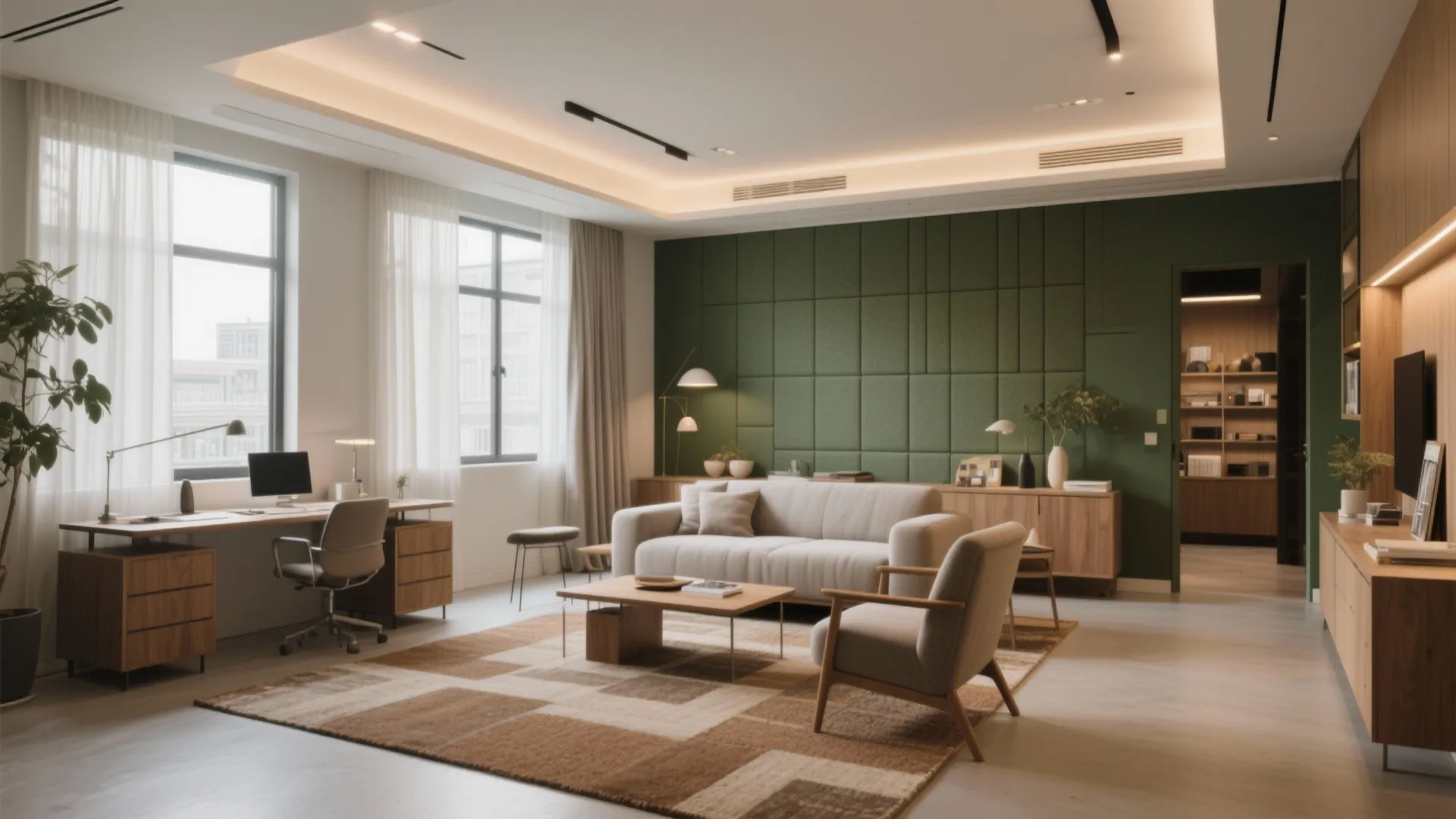 Modern office and living room design with green wall panel, wooden desk, sofa, and rug