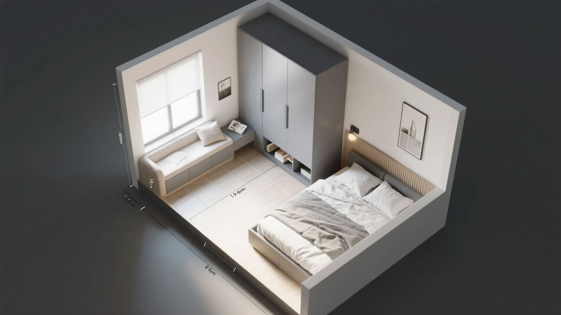 Top-down layout plan of a 9 sqm bedroom showing slim wardrobe and under-bed storage to free space