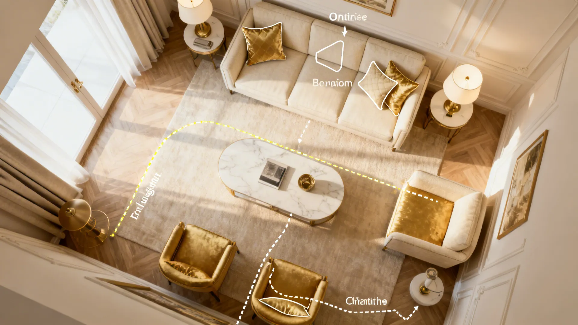 Top-down room plan showing cream-and-gold living room layout and scaled furniture swaps.