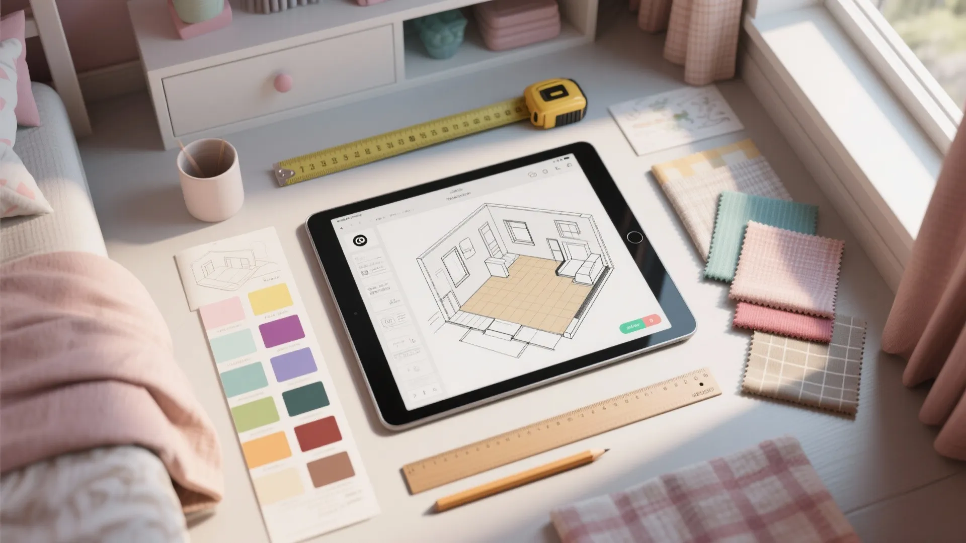 Tablet showing interior design drawing on a desk with fabric samples and a measuring tape