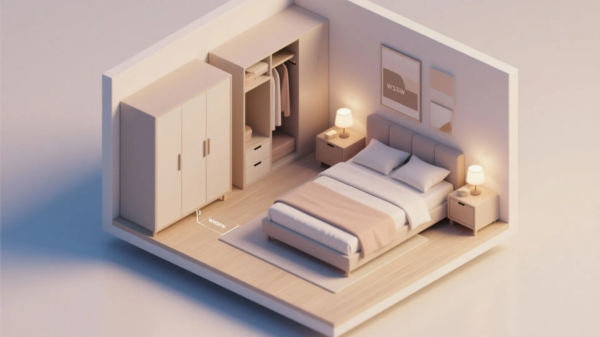 Top-down bedroom floor plan mockup with scaled furniture and clearance markings