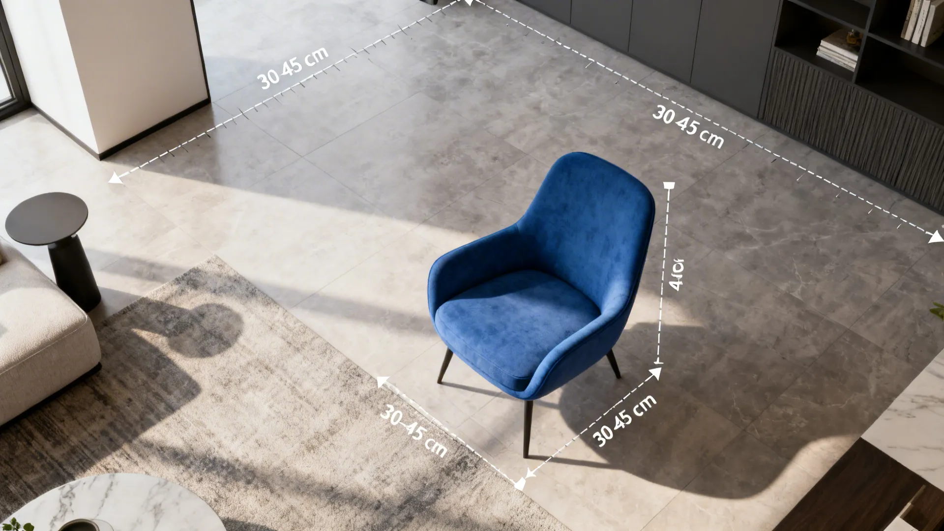 Top-down room mockup showing a blue accent chair with circulation measurements.