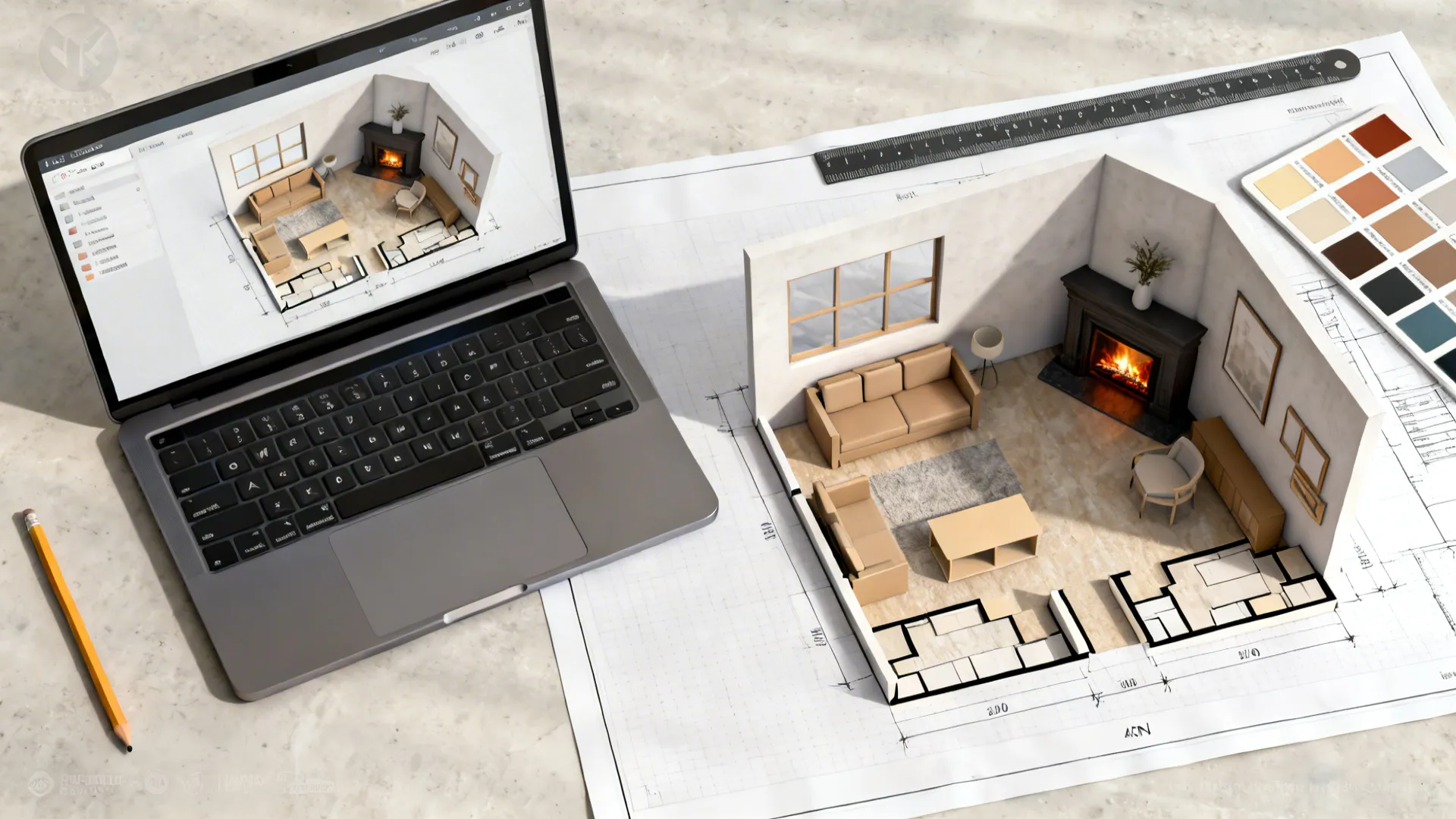 Laptop showing interior design drawing next to 3D room model on a paper floor plan