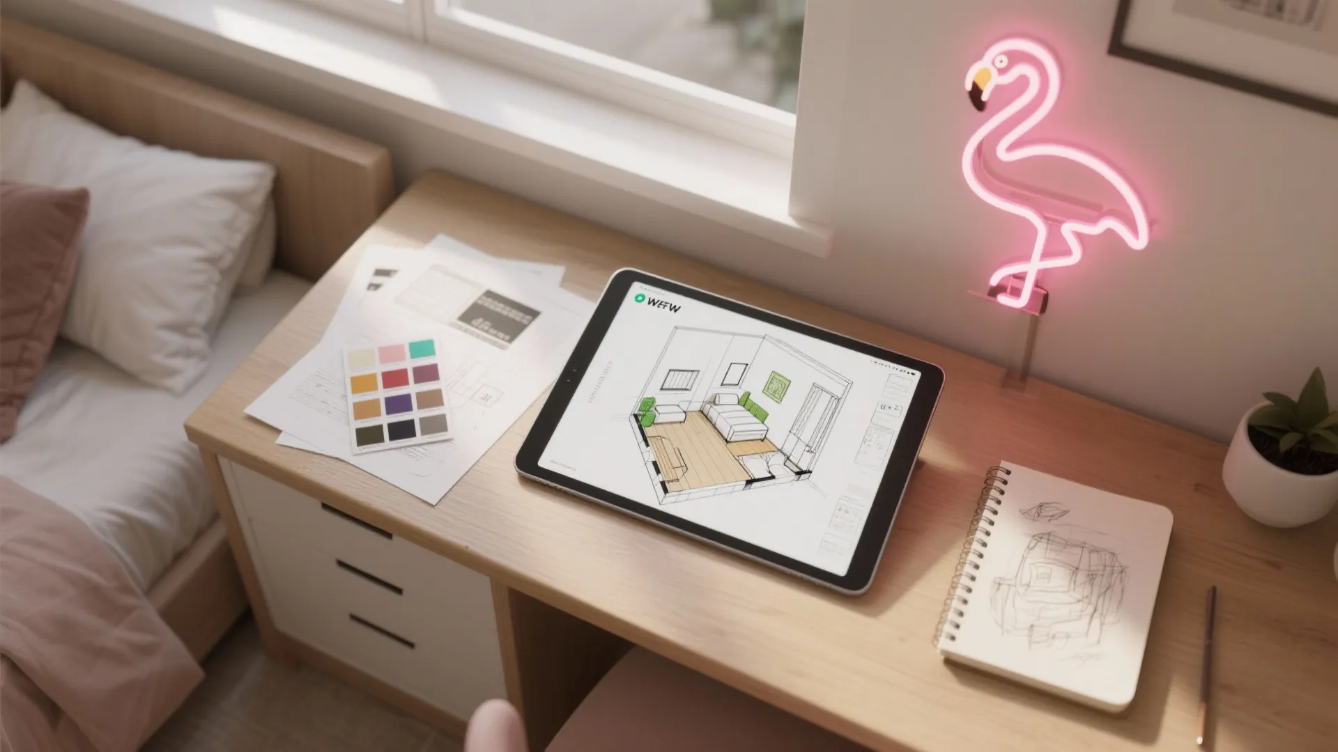Digital tablet showing 3D room layout on wooden desk with notebook and pink flamingo light