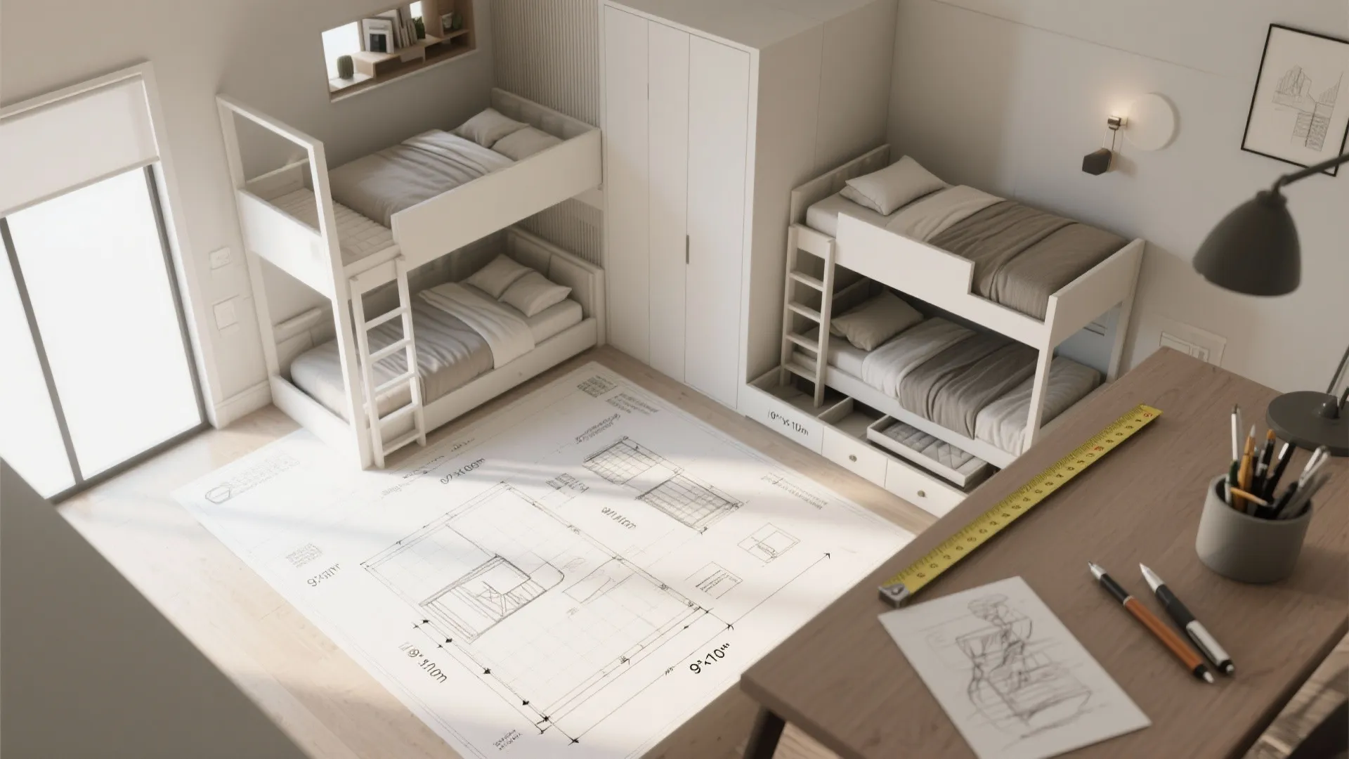Interior design drawing showing a bedroom layout with white bunk beds and a wooden desk