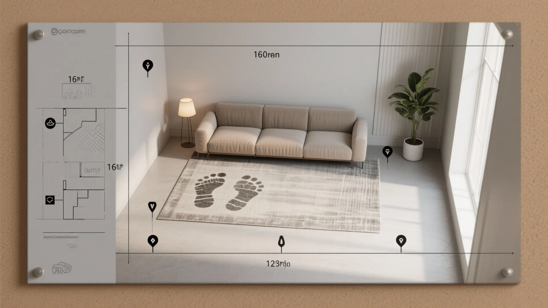 Room planner interface showing a 3D living room with sofa rug plant and floor plan