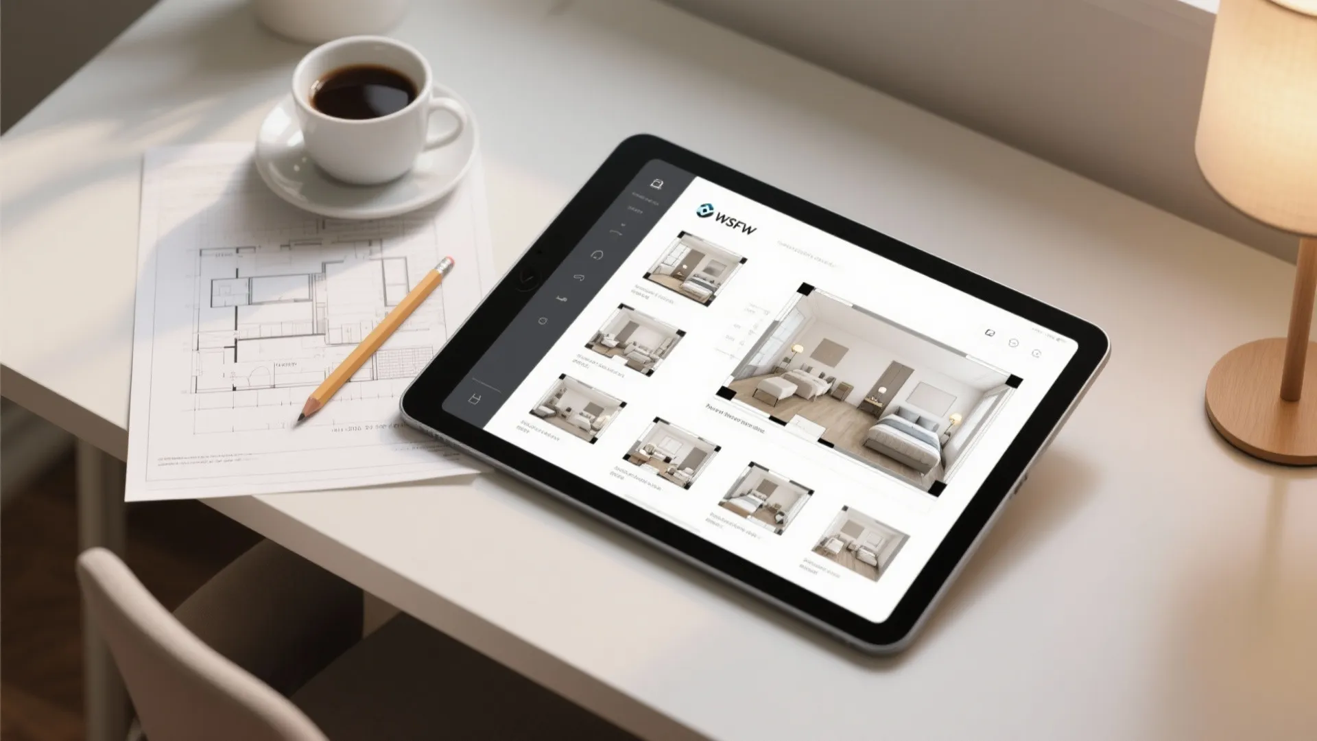 Tablet showing a 3D room planner next to floor plans illustrating layout testing for suite circulation.