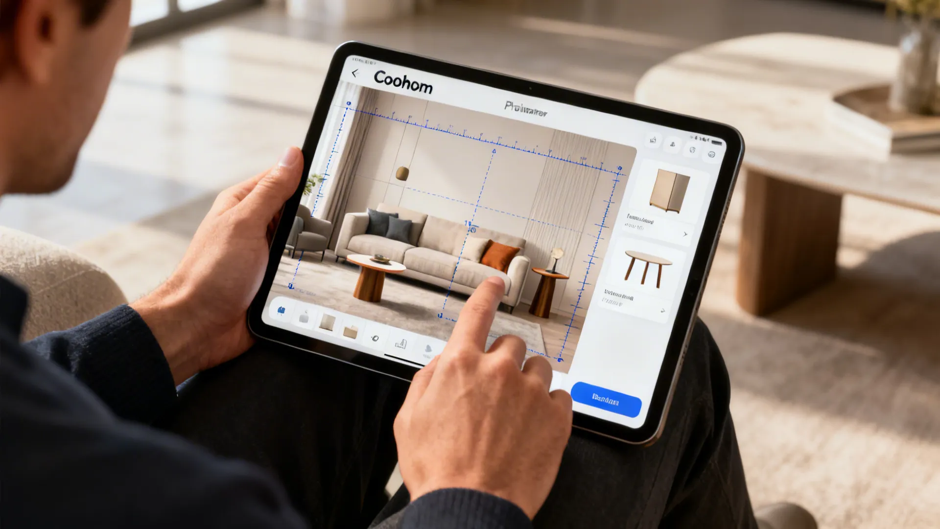 Tablet displaying a 3D room planner with side table layouts being tested