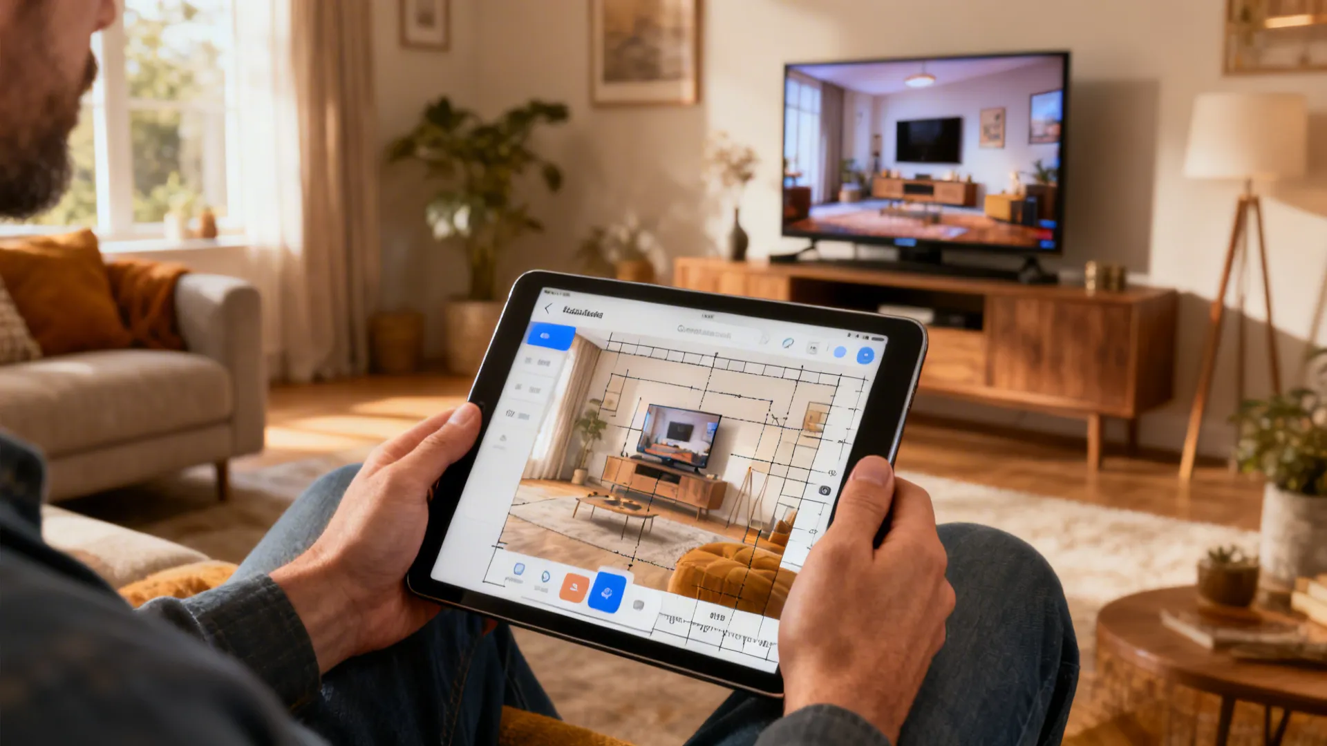 Person using a tablet room planner to test TV scale in a living room