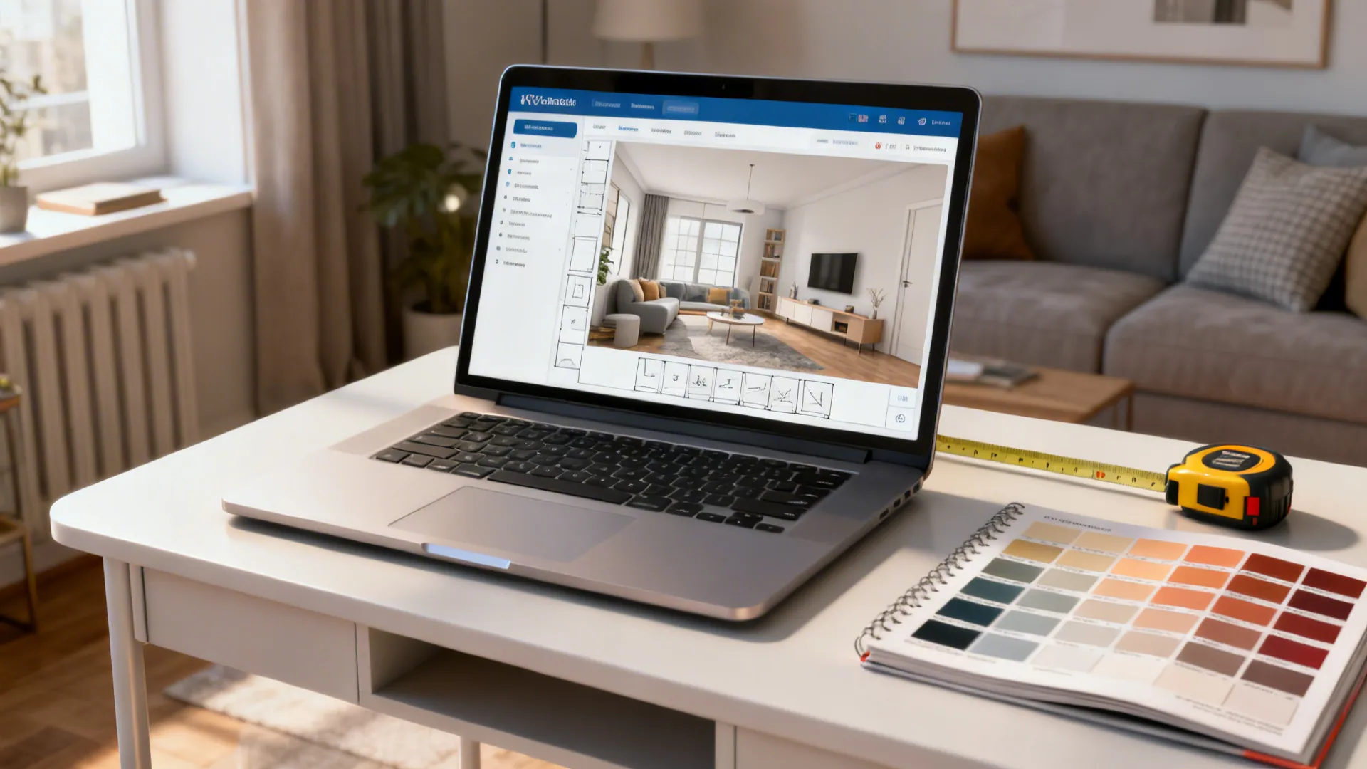 Laptop with online room planner and swatches on a desk, used to test layouts for a small room.