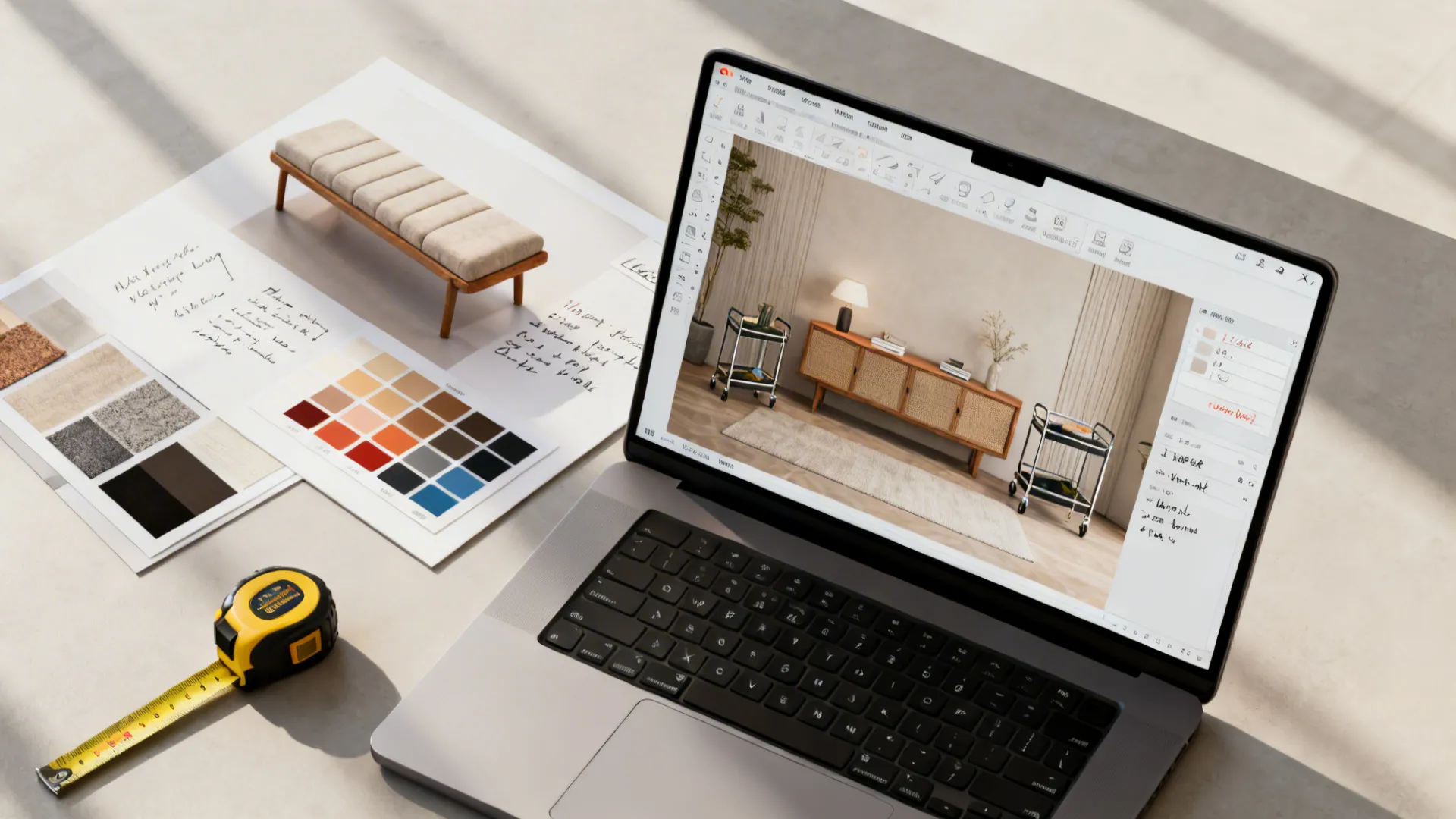 Top-down view of a digital room planner and moodboard for toy storage layout