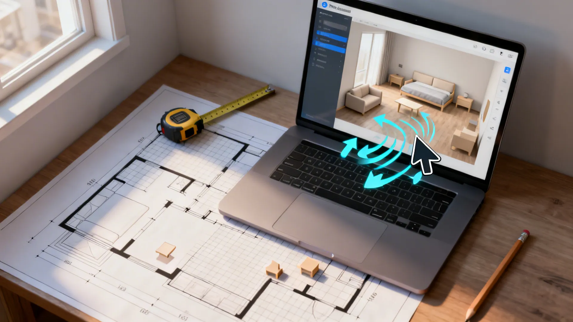 Top-down view of a laptop showing a room planner and printed layout with airflow arrows