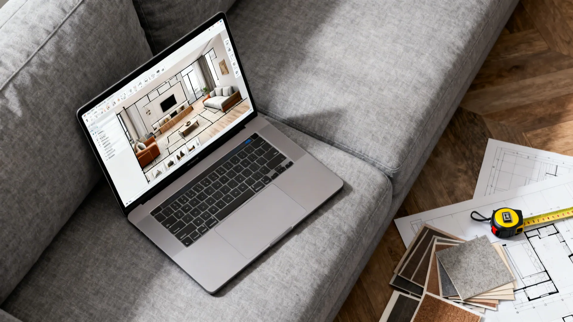 Laptop showing interior design drawing on grey sofa with paper floor plans and measuring tape nearby