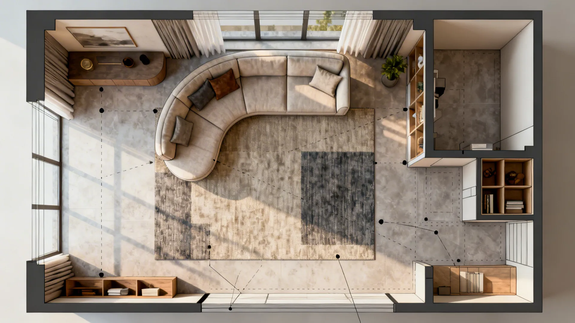 Top-down 3D planner mockup showing furniture arrangement and sightlines for a small living room