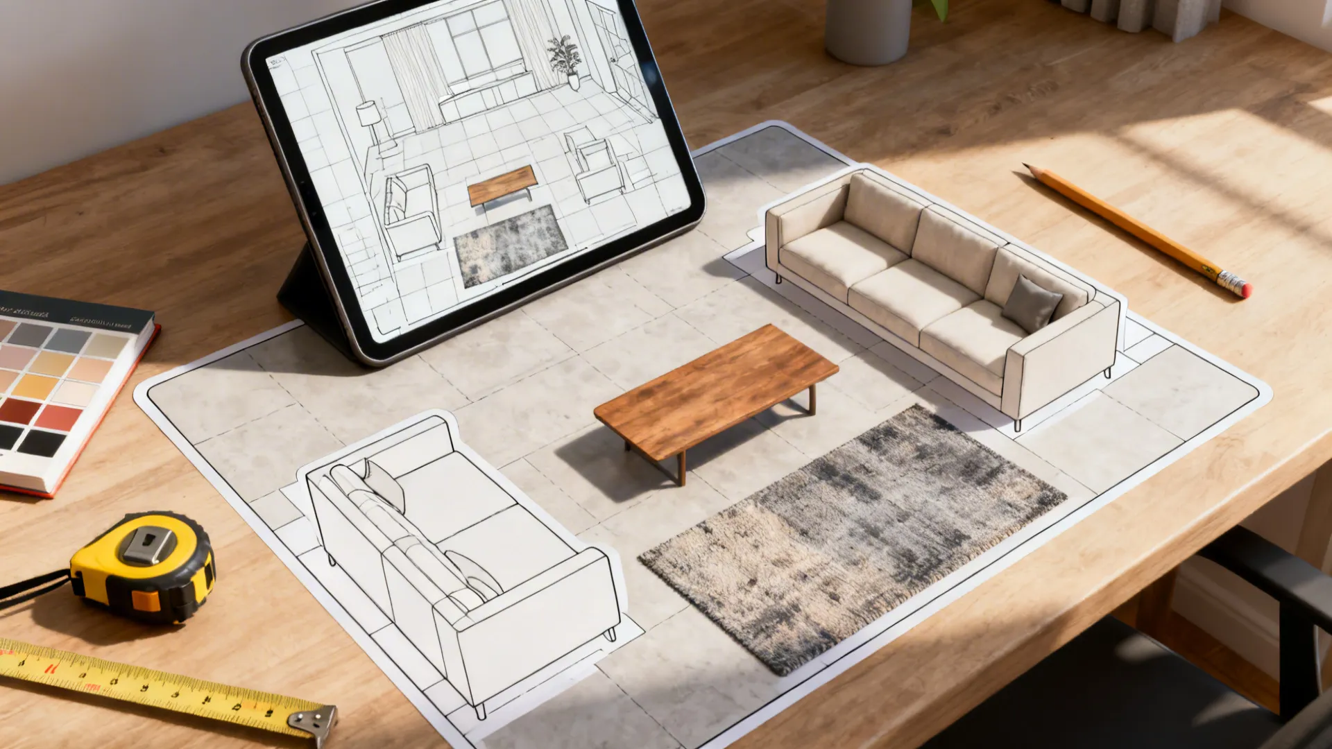 Top-down shot of a digital room planner on a tablet and taped floor layout with measuring tools.