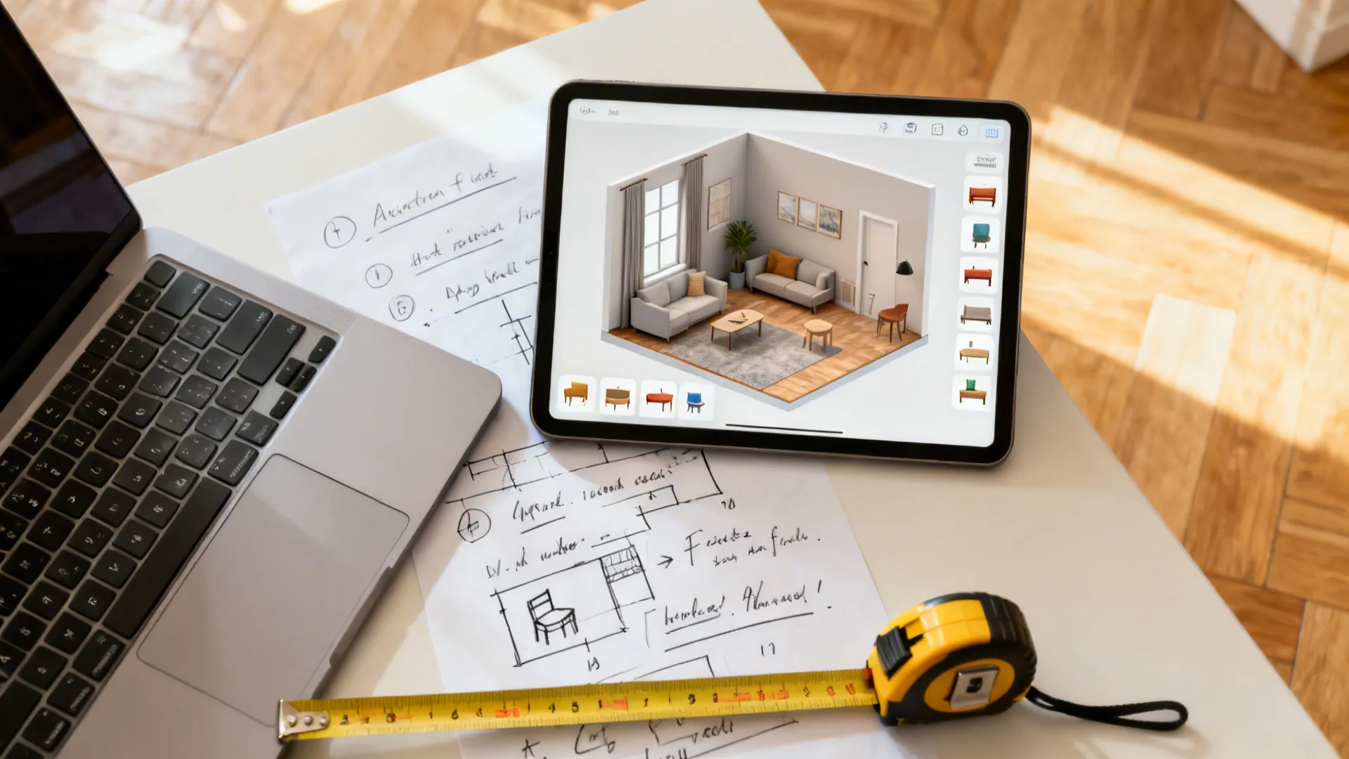 Top-down view of a tablet showing a 3D room planner with sketches and measuring tools.