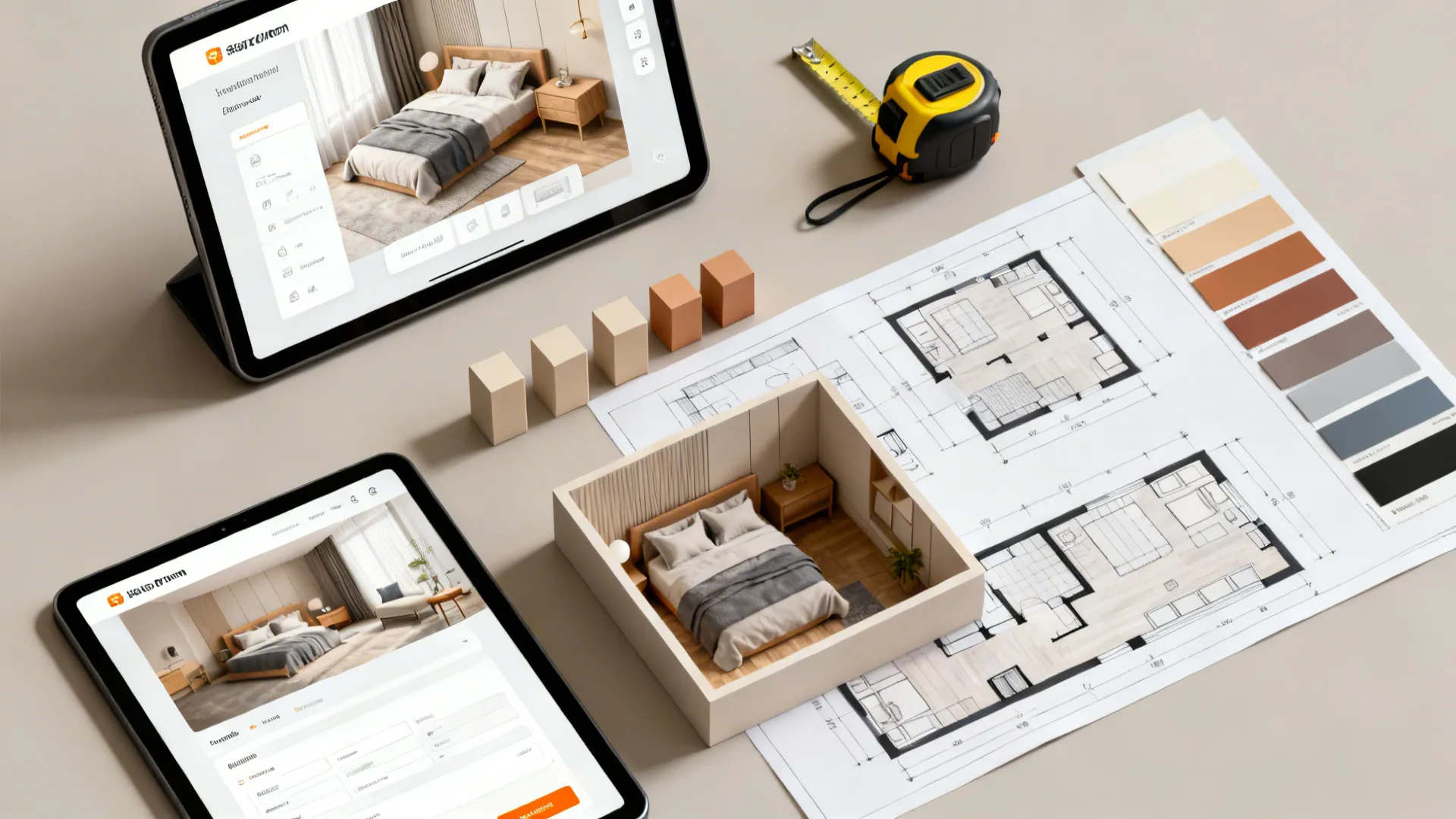 Top-down view of a room planning mockup with digital floor plan, furniture blocks and swatches.