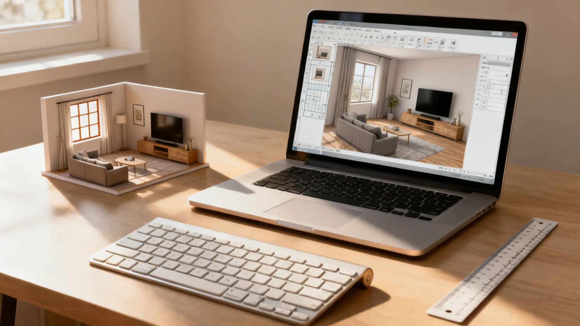 Desk scene showing a 3D room planner on a laptop visualizing TV placement in front of a window.