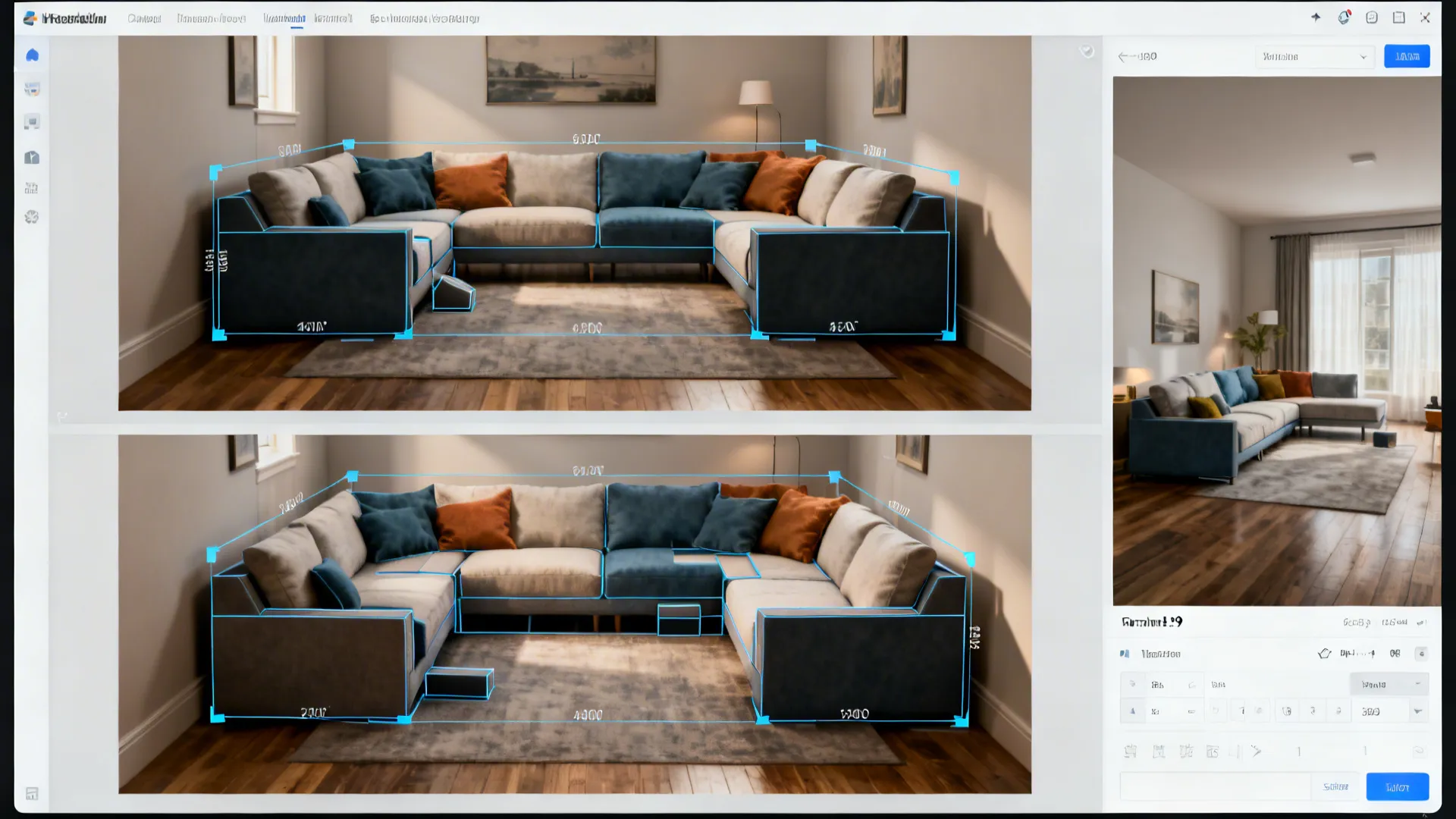 3D room planner interface showing two-sofa layouts and measurement overlays