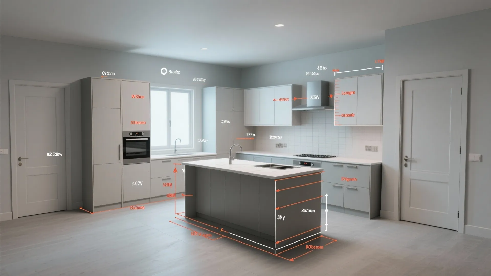 3D room planner view showing cabinet door widths and annotations in a kitchen layout.