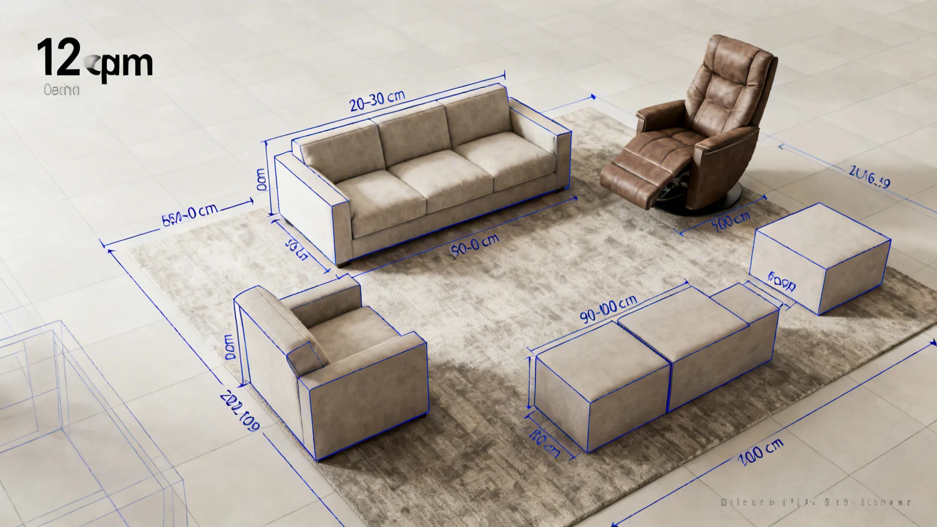 Top-down 12 sqm living room planner showing recliner clearances and furniture footprints.