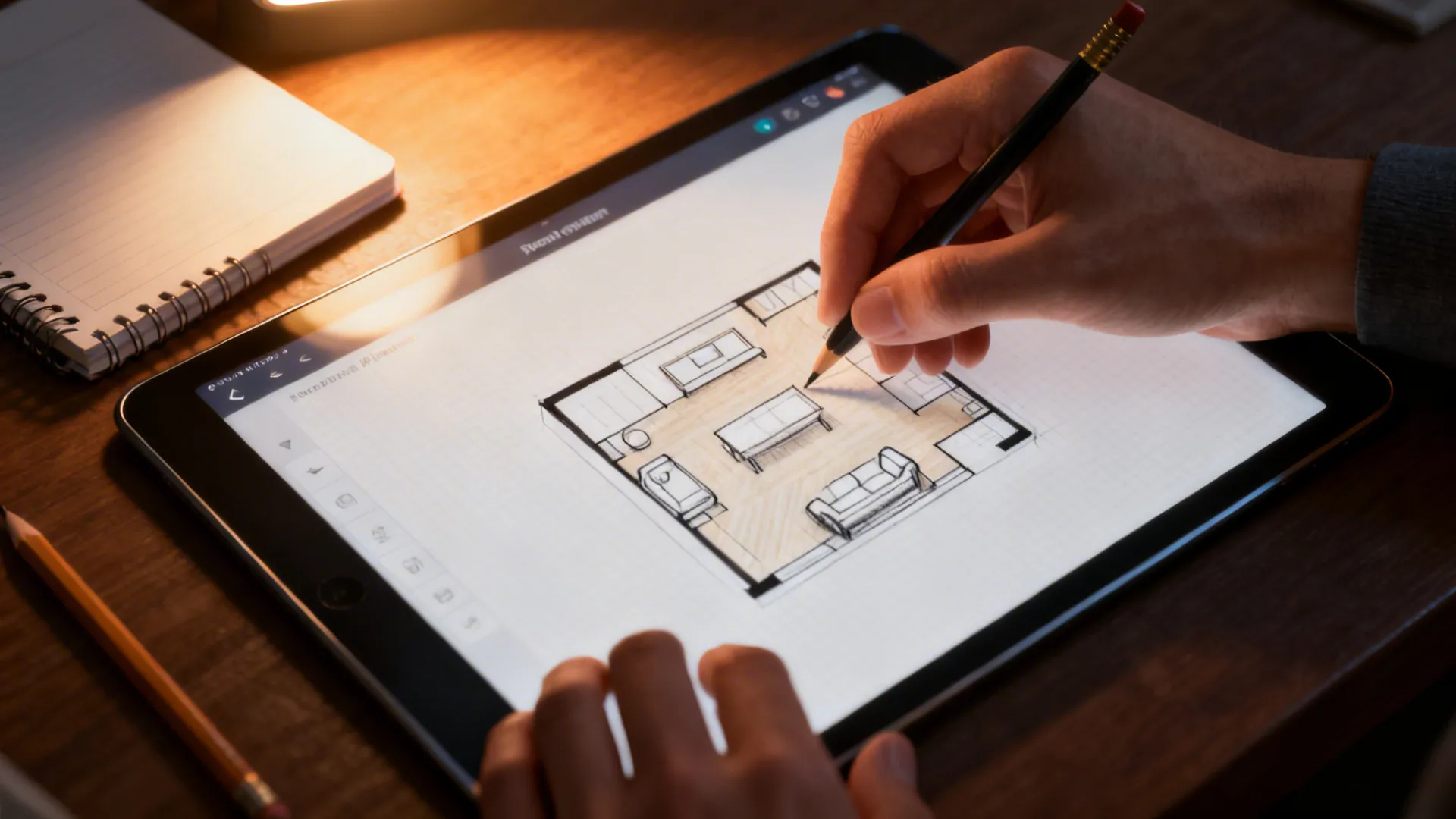 Person using a tablet to draw interior design drawing showing a small room layout plan
