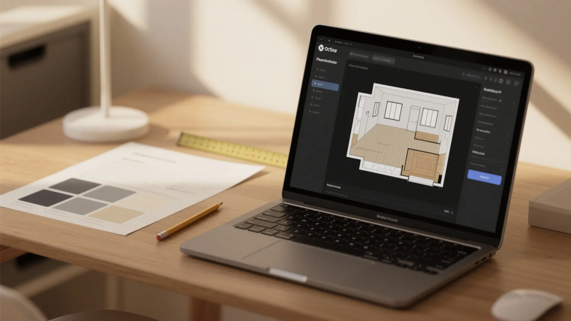 Laptop on wooden desk showing a room layout design with color samples and measurement tool