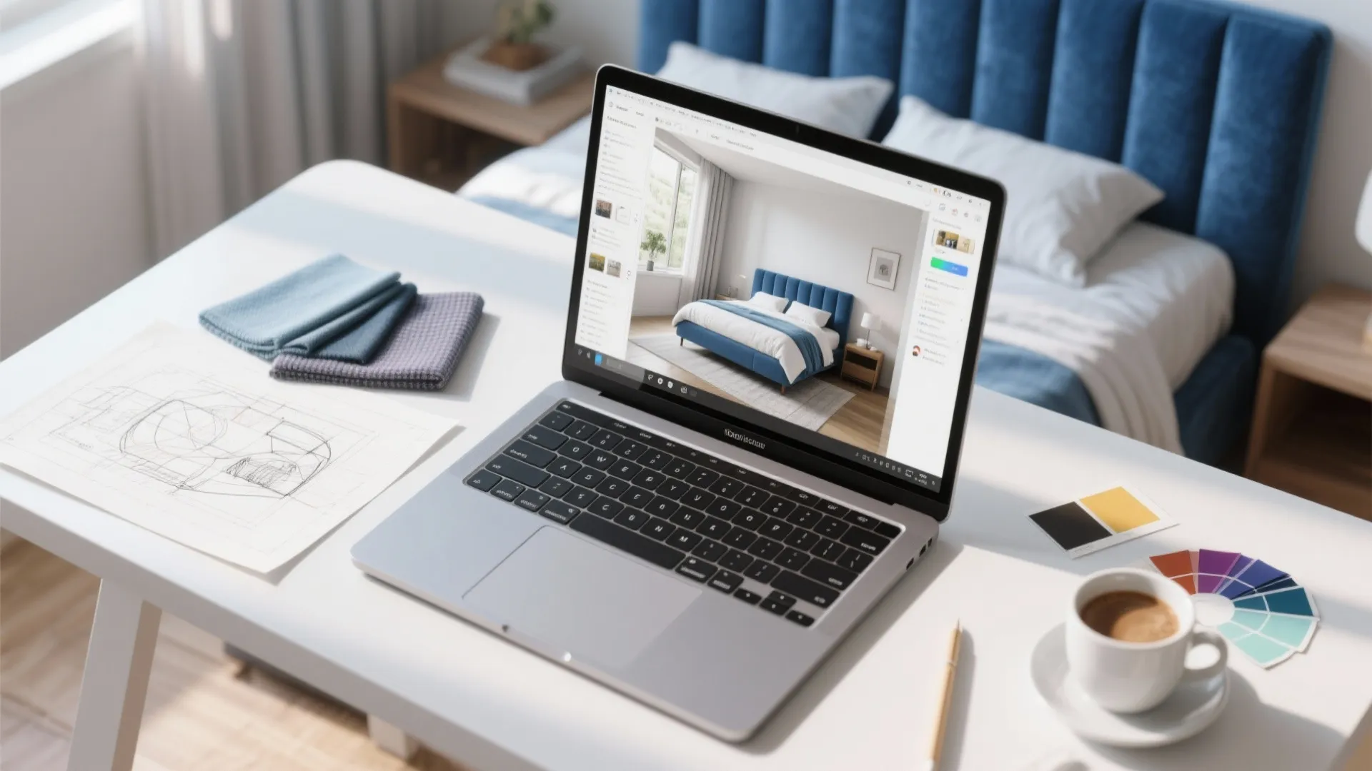 Top-down view of a desk with a laptop showing a 3D bedroom mockup, fabric swatches and color chips.