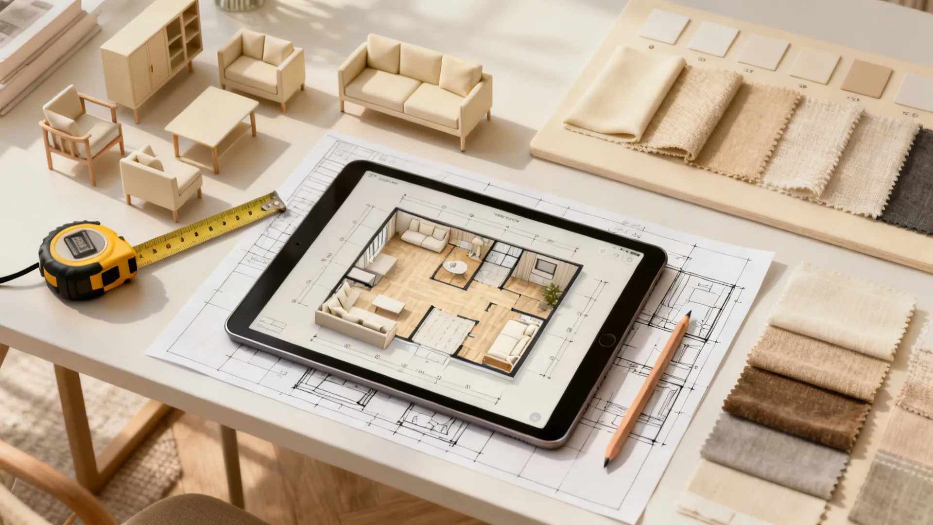 Top-down view of a desk with a 3D room planner, swatches and tools