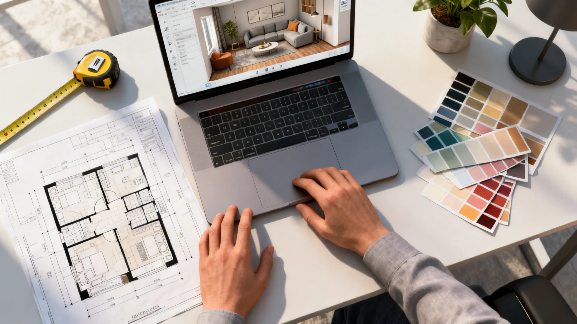 Designer using a 3D room planner on a laptop with floor plans and measuring tape.