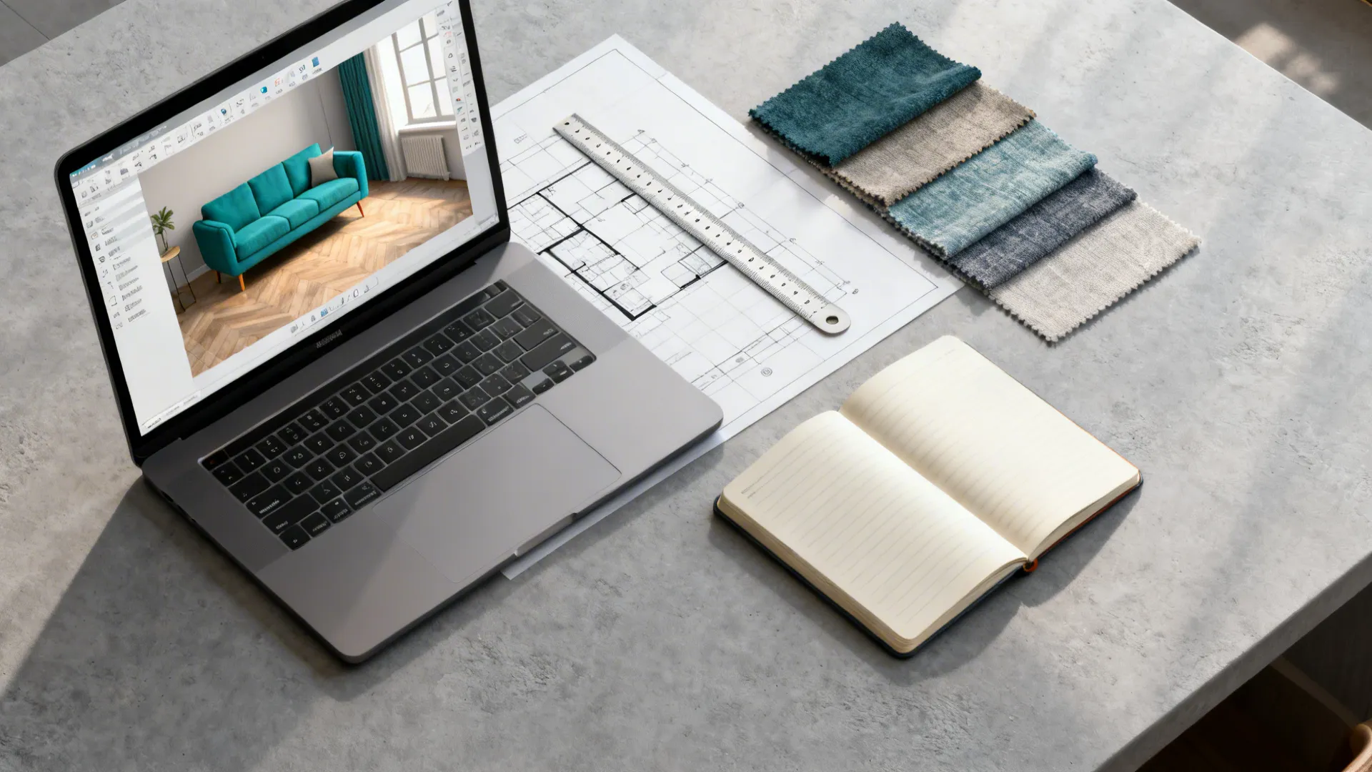 Top-down view of a 3D room planner on a laptop with fabric swatches and tools.
