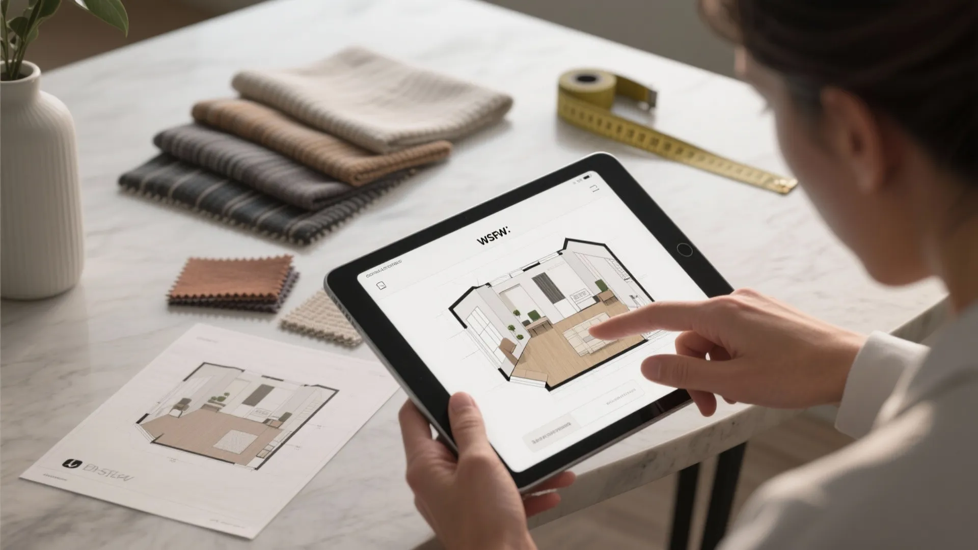 Person using a tablet to view interior design drawing with fabric samples and measuring tape