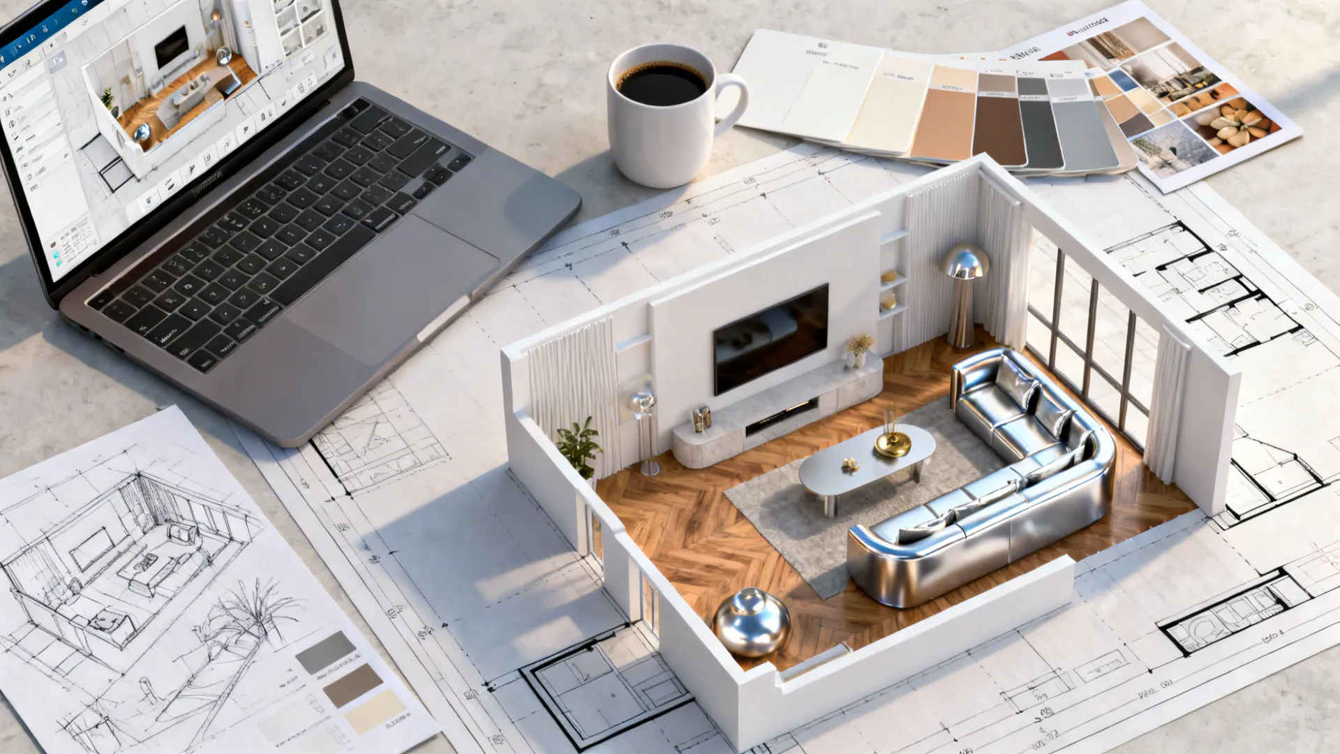 Laptop and 3D room model on desk with floor plans coffee and color palette swatches