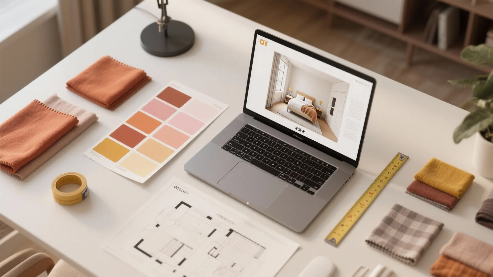 Top-down flatlay of a digital room planner with paint swatches, floor plan and fabric samples