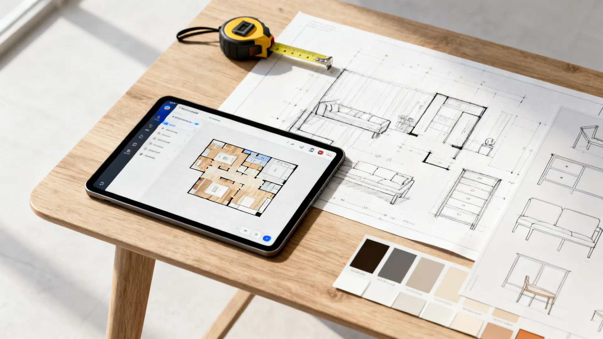 Tablet displaying room layout next to hand drawn interior design drawing tape measure and samples